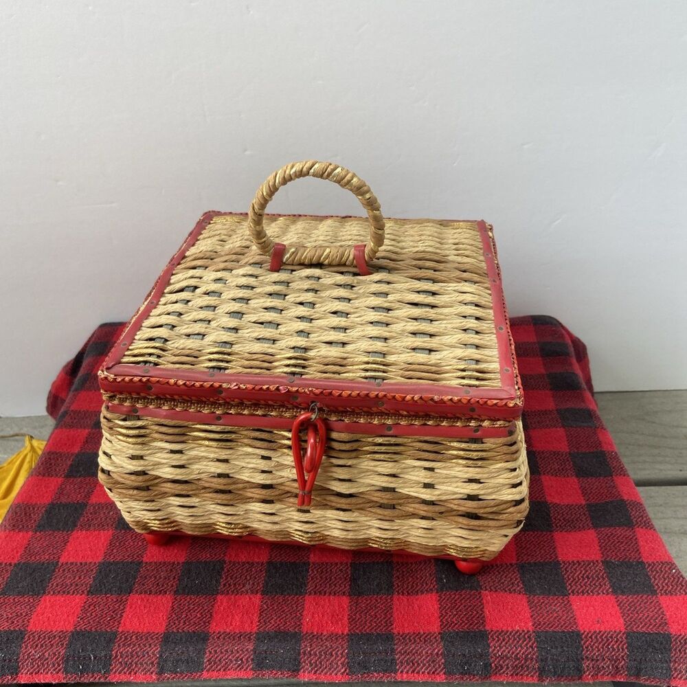 VTG Woven Wicker and Wood Sewing Basket Box Red and Beige with Red Silk